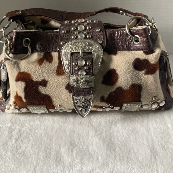 Cow Print Brown and Cream Shoulder Bag with Western Glam - Picture 1 of 7